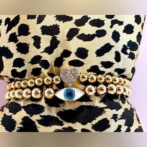 Gold Ball Bead Bracelets Set Evil Eye & Heart with Crystals‎
